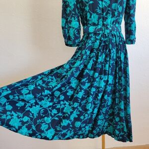V.I.P. Petites | Black & Teal Floral Belted Dress